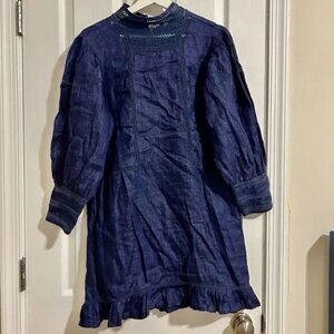 Mes Demoiselles Linen Dress Indigo Dark Blue Mini Long Sleeve Womens 38 8